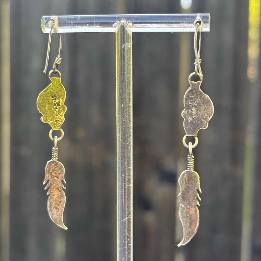Vintage BR Sterling Silver Black Onyx Feather Dangle Earrings Boho Southwest - Picture 4 of 7